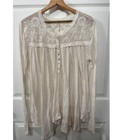 Free People To the Sea Lace Cream Oversized Long-Sleeve Henley Blouse Top, M - Picture 3 of 9